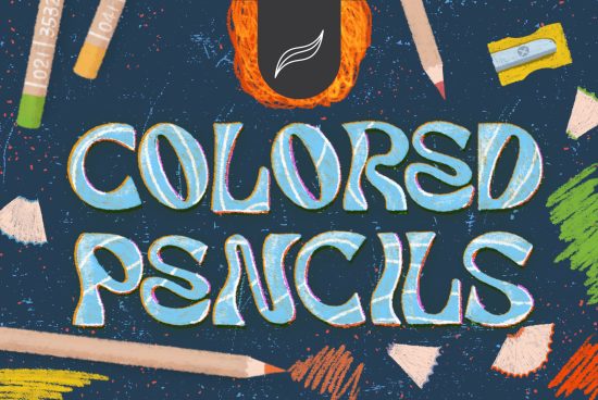 Hand-drawn colored pencils text surrounded by drawing utensils with vibrant hues on dark backdrop, ideal for graphics section in a digital marketplace.